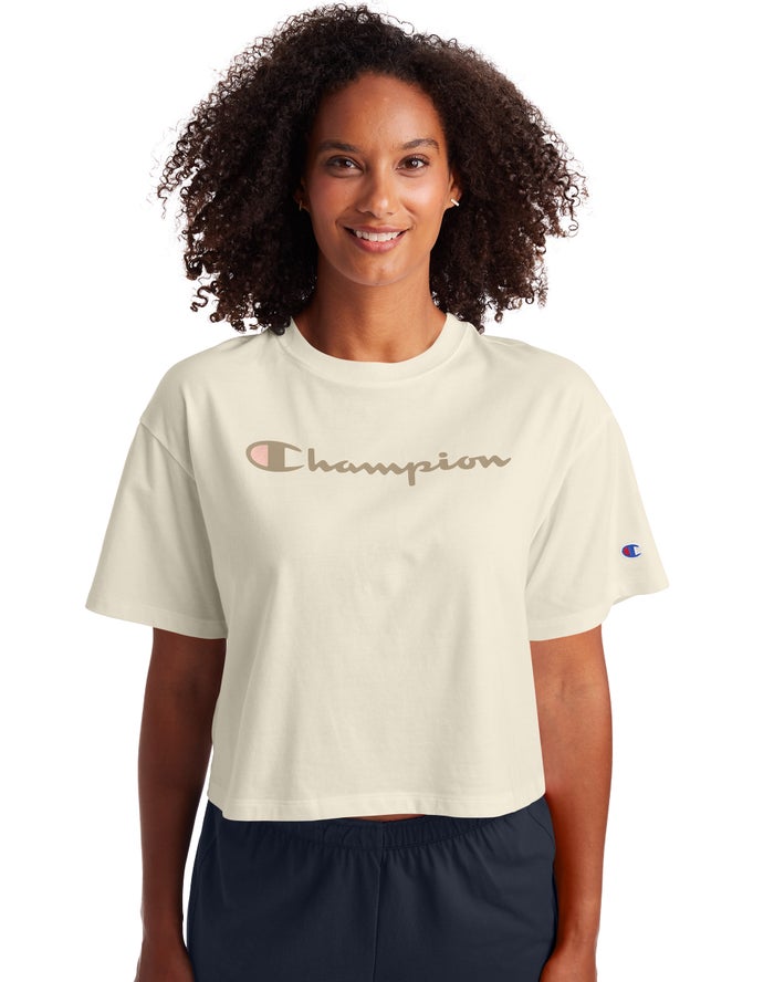 Camiseta Champion Mujer - Cropped Script Logo ( Creme ) 2940367-QZ